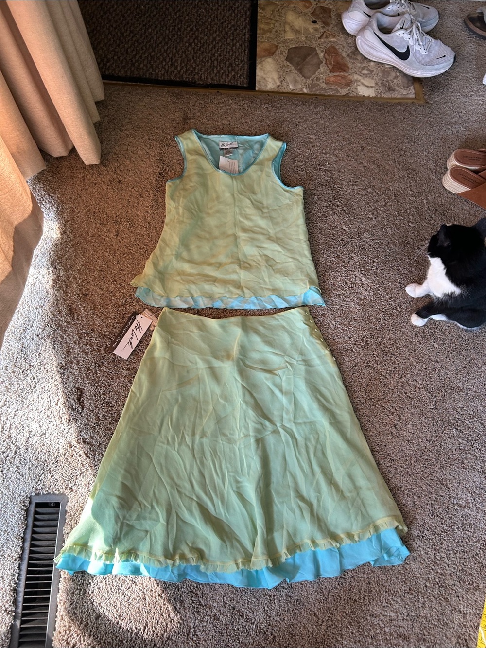 Silk Randolph Duke Mint and Aqua Two-Piece Midi Skirt Set